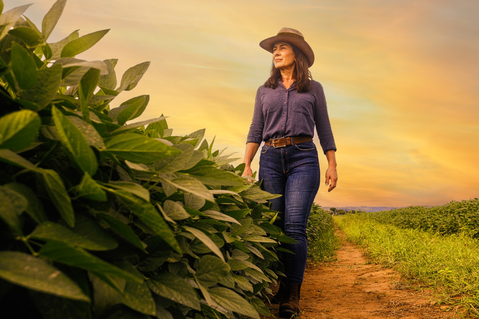 Produtora caminhando pelo campo de soja